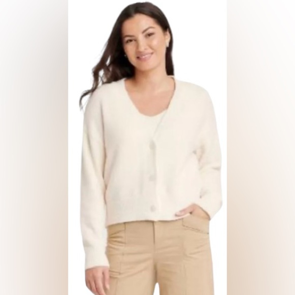 Women’s V-neck Fuzzy Sweater Cardigan - A New Day Cream S